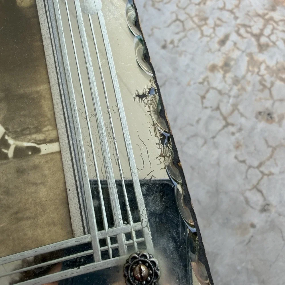1930's-1940's Art Deco Mirrored Glass Picture Frame Scalloped Rosette 8 x 10
